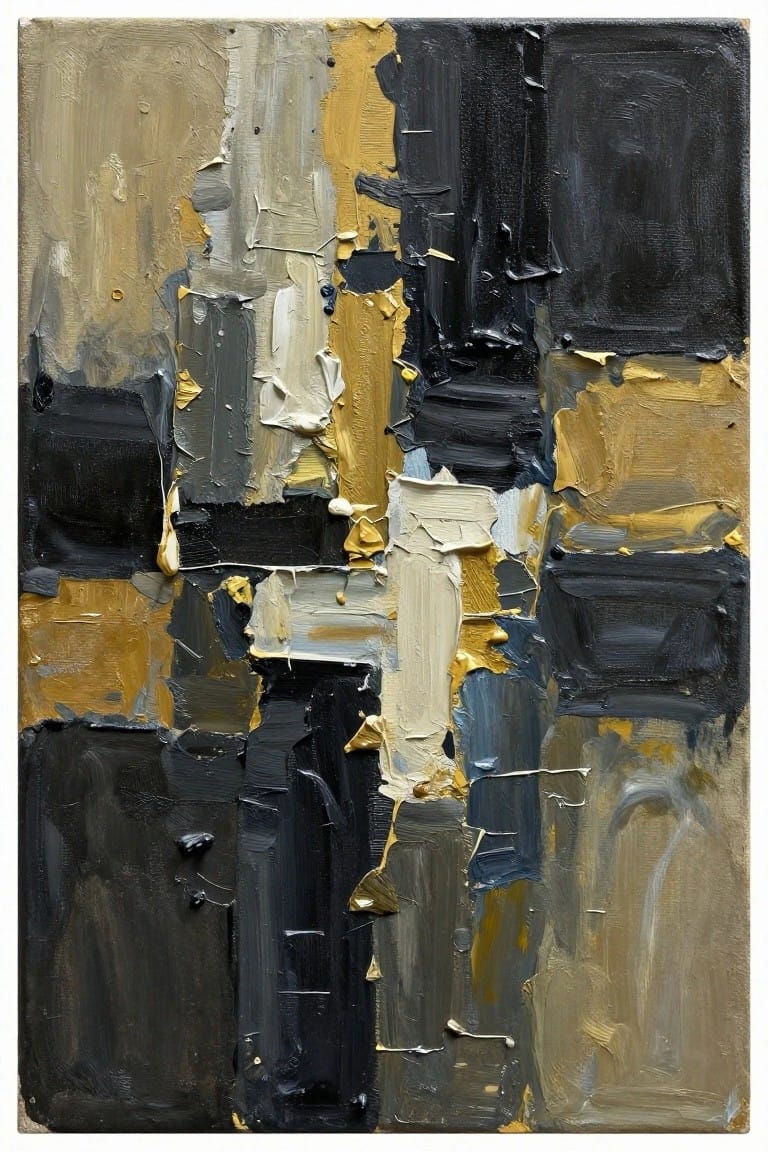 Abstract impasto painting with thick black, gold, gray, and beige brushstrokes.