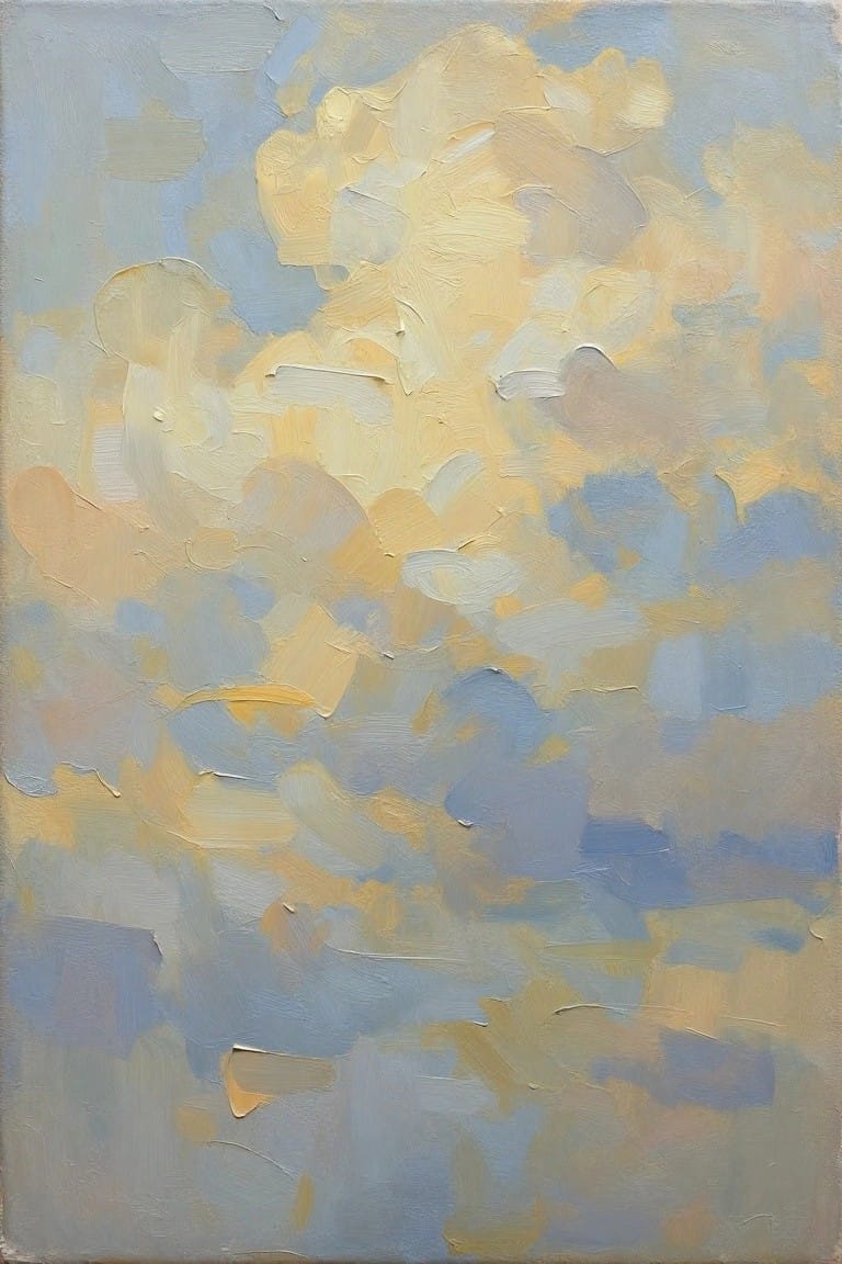 Textured abstract painting with thick impasto brushstrokes in blue, yellow, and white