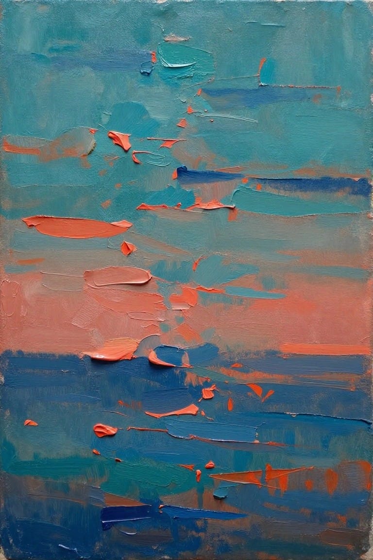 Abstract painting with thick, textured strokes of blue, teal, and orange.