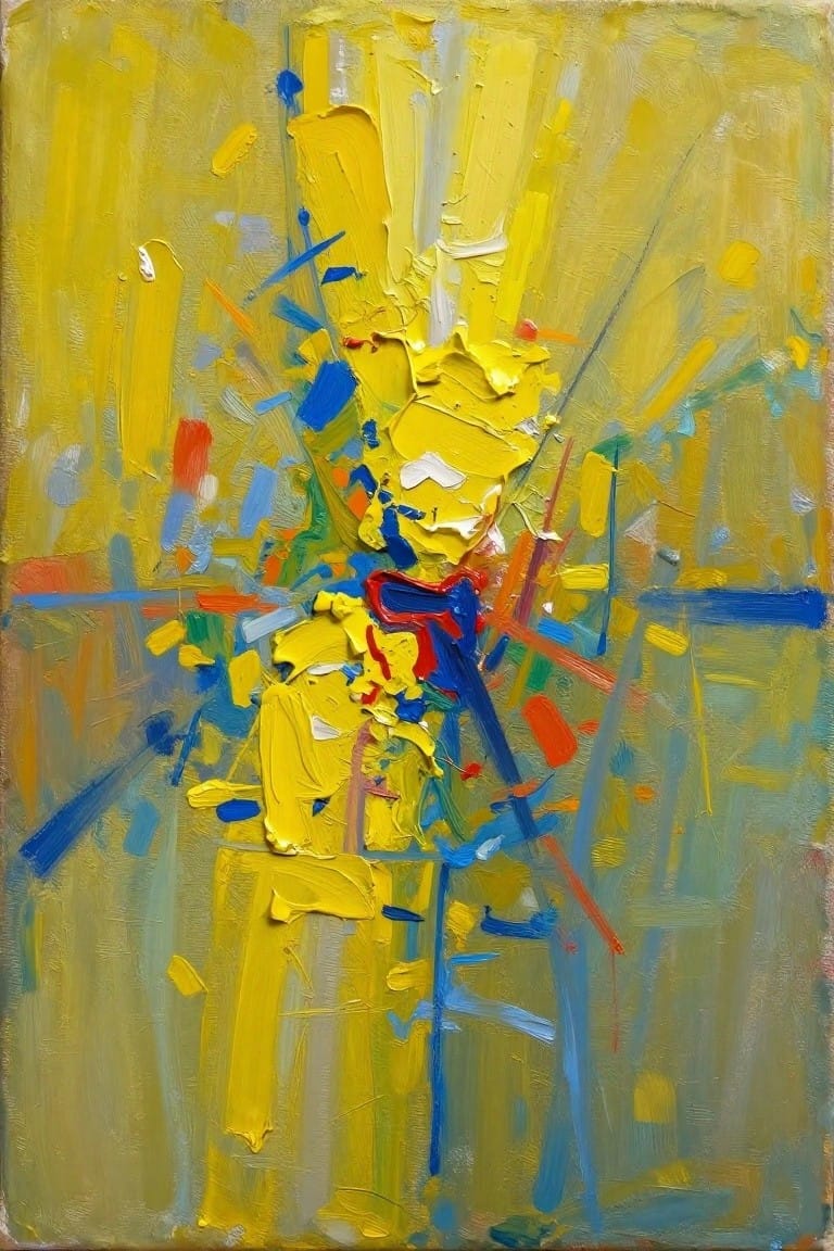 Abstract painting with thick yellow impasto, vibrant blue lines, and red splatters.