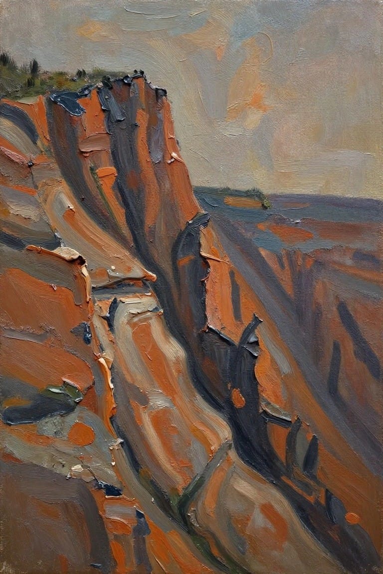 Thickly textured oil painting of steep orange-brown cliffs under a muted sky.