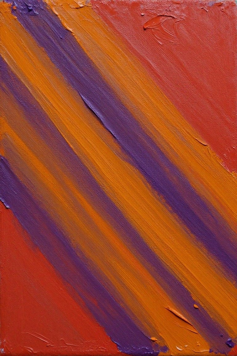 Abstract painting with thick diagonal brushstrokes in red, orange, and purple hues