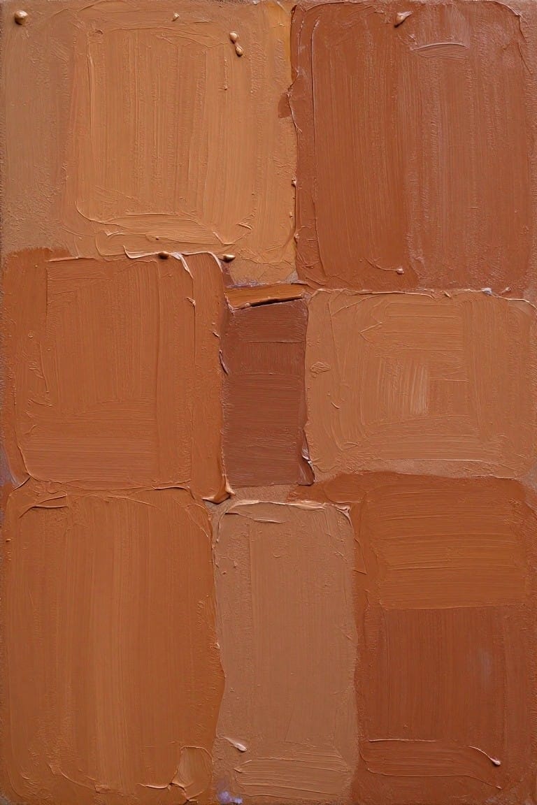 Abstract painting of thick textured brushstrokes in varied brown and orange tones.