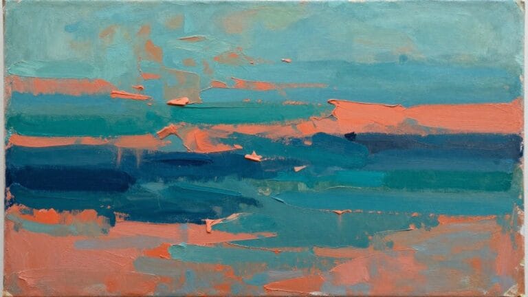 Abstract painting with thick, textured strokes of blue, teal, and orange.