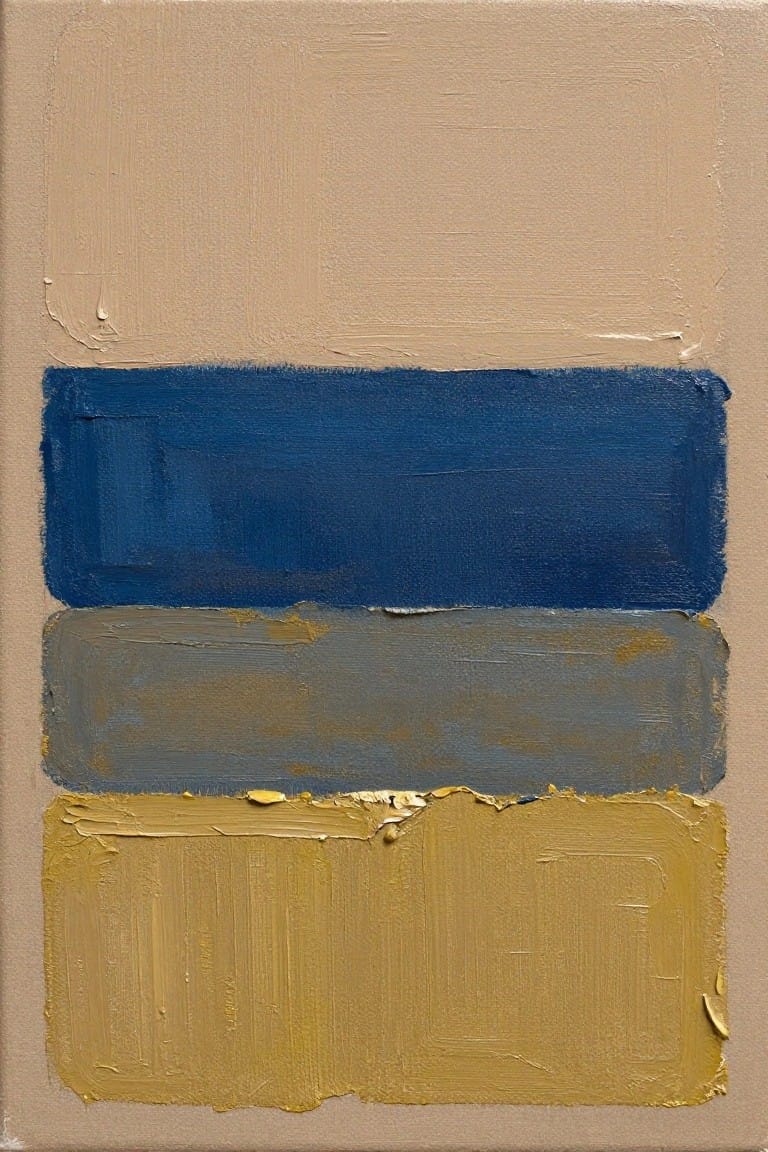 Abstract painting with thick horizontal bands of blue, gray, yellow, and beige.