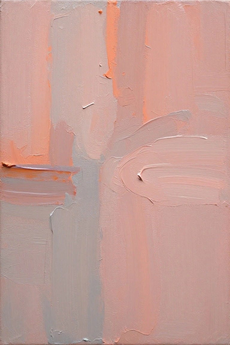 Abstract painting with thick peach, pink, and gray brushstrokes on canvas