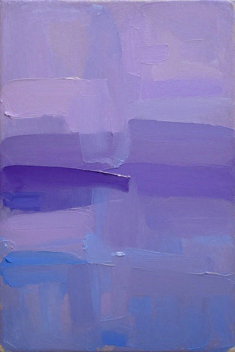 Abstract oil painting with overlapping rectangular blocks in shades of purple and blue showing visible brush strokes.