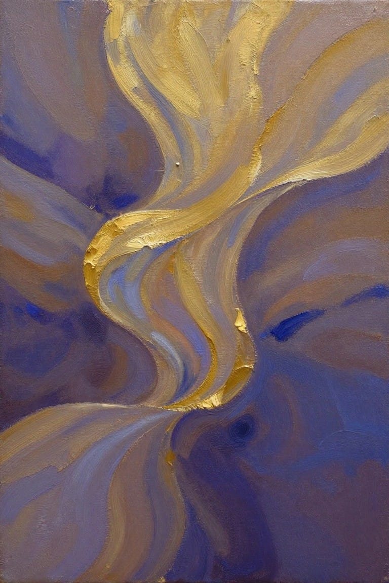 Abstract painting of swirling golden yellows amid deep blue and purple brushstrokes