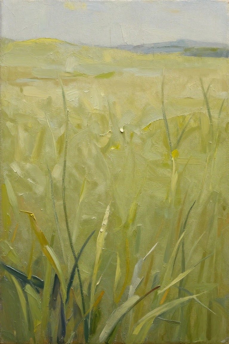 An oil painting of a green grassy field with thick brushstrokes forming tall blades in the foreground and soft hills in the background under a pale sky.