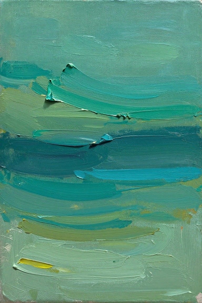 Abstract painting with thick layered brushstrokes in green, teal, and blue tones.