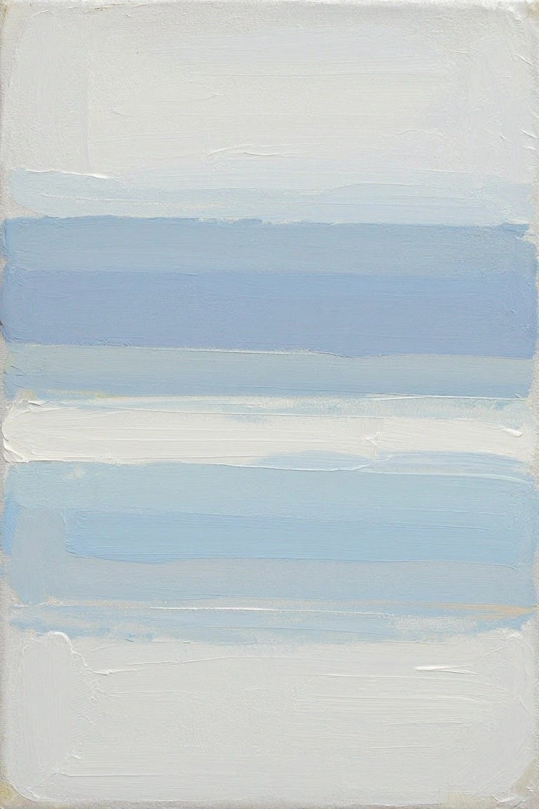 Abstract painting with horizontal bands of textured blue and white brushstrokes