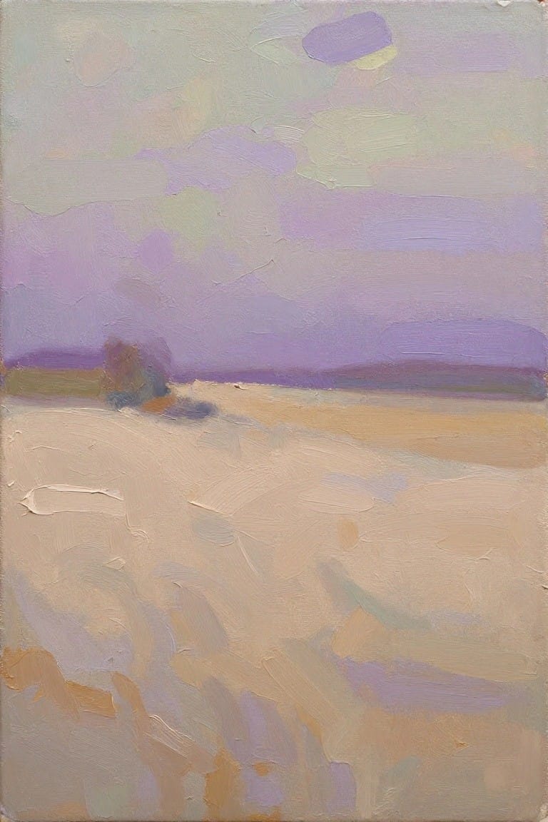 Abstract oil painting of lavender sky over beige field with distant shapes