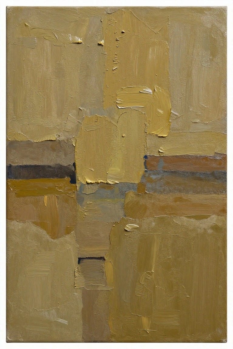 Abstract painting with thick, textured brushstrokes in earthy brown, beige, and gray tones.