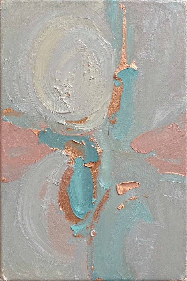 Abstract painting with swirling gray, teal, and copper impasto brushstrokes.