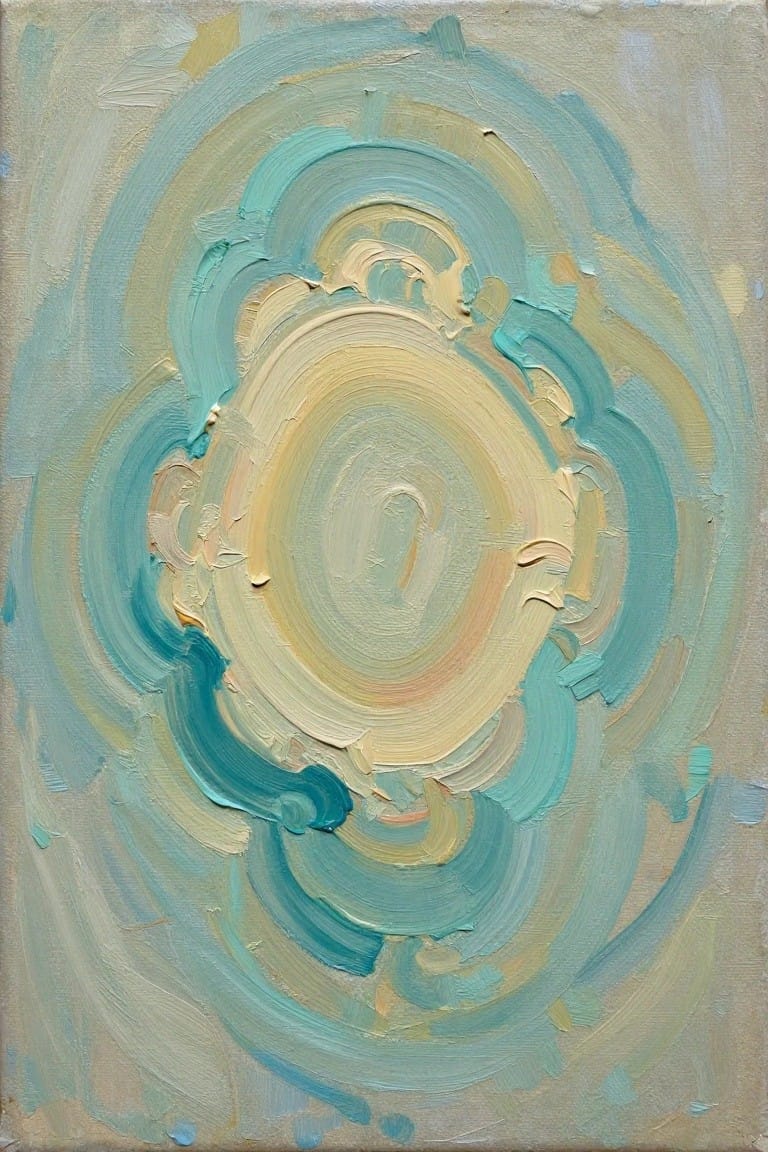 An abstract oil painting of concentric swirling ovals in blue, teal, yellow, and beige with thick textured strokes on a light background.