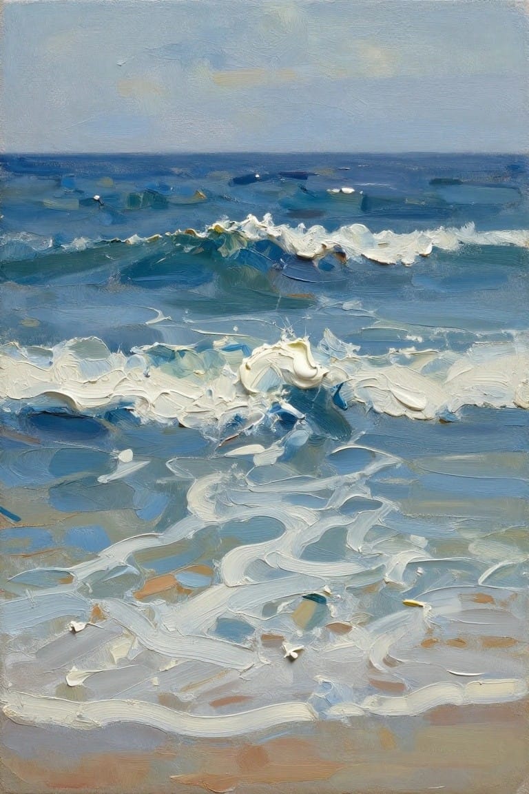 Impasto oil painting of crashing blue waves with white foam on shore.