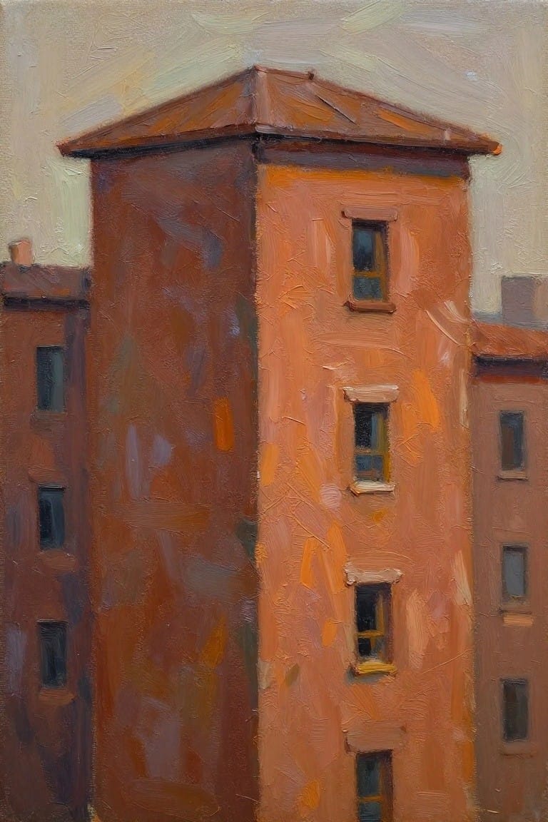 Oil painting of tall orange-brown building with windows and pyramidal roof.