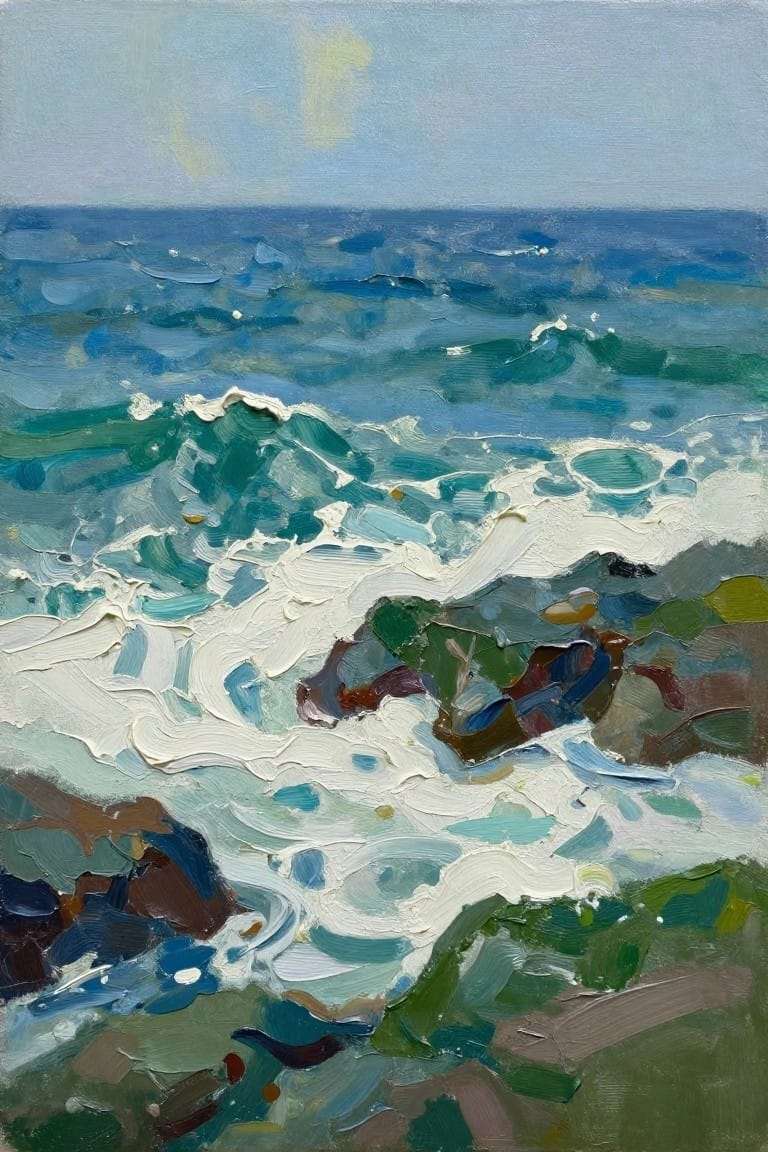 Impasto painting of crashing blue-green waves with white foam on rocks