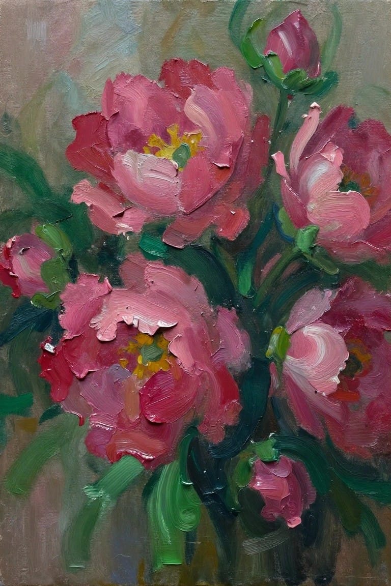 An oil painting of several pink peony flowers with green stems and leaves against a muted background, created with thick textured brushstrokes.