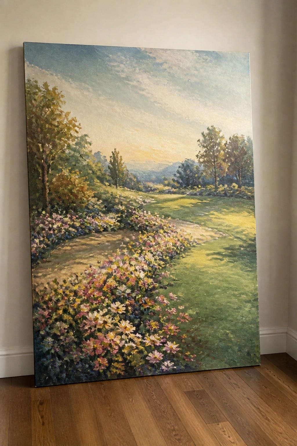 Large colorful landscape painting of wildflower path through meadow leaning on wall