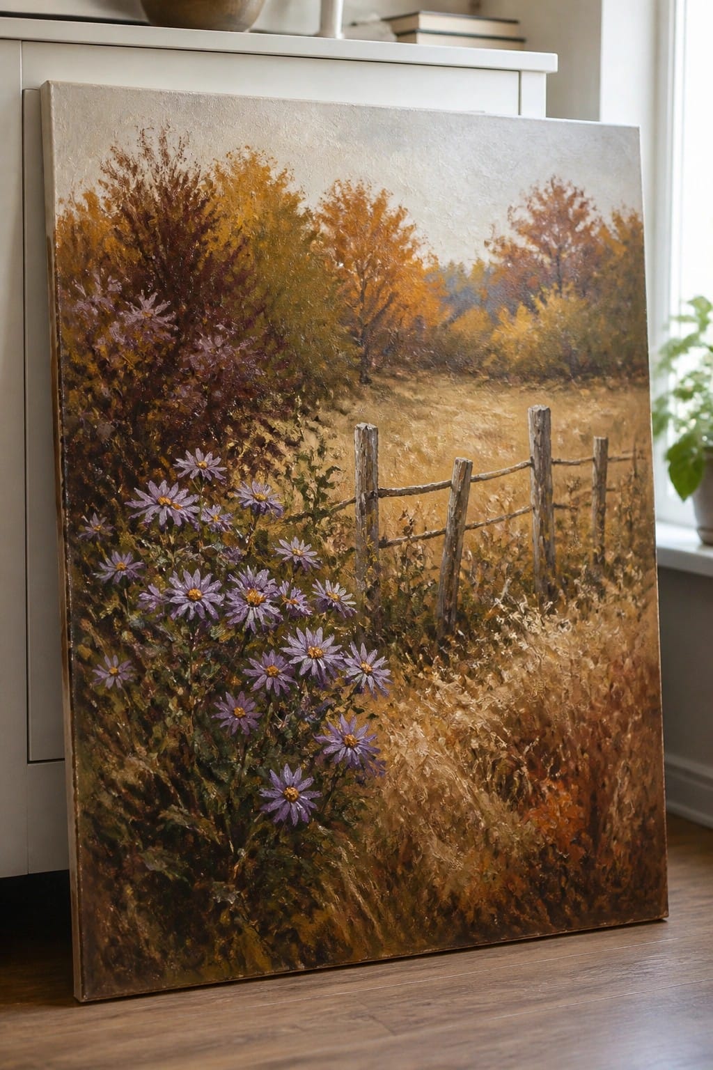 Textured oil painting of purple wildflowers by a wooden fence in an autumn field
