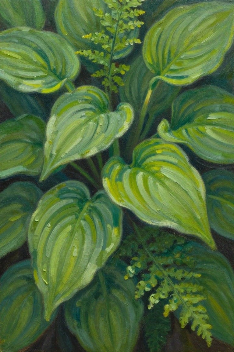 Close-up oil painting of large green hosta leaves with water droplets and yellow-green flower stalks on a dark background.