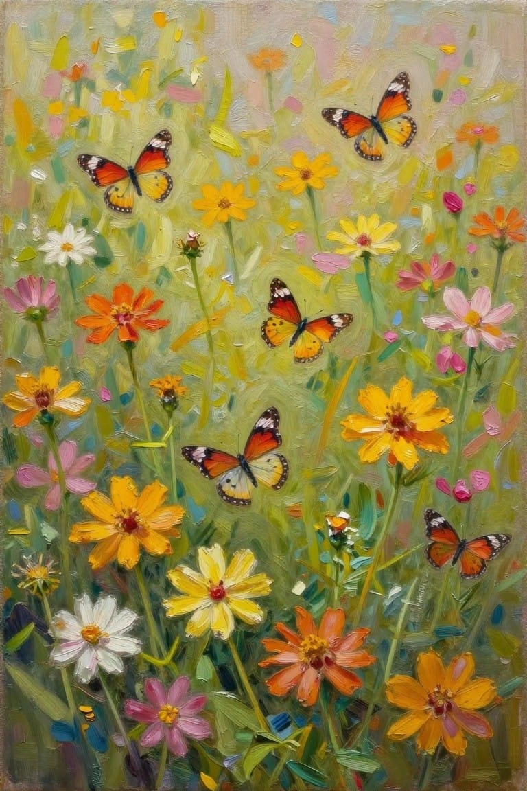 Butterflies with orange wings flutter among yellow and pink wildflowers in a meadow