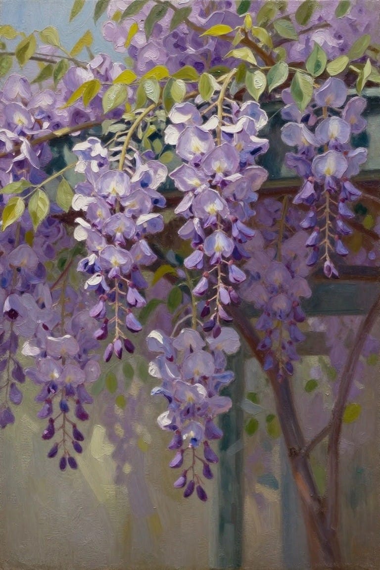 Purple wisteria blossoms cascading from branches with green leaves in painting