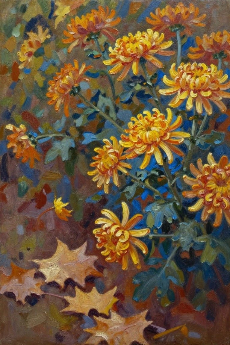 Vivid yellow chrysanthemums amid green leaves with scattered brown autumn foliage below