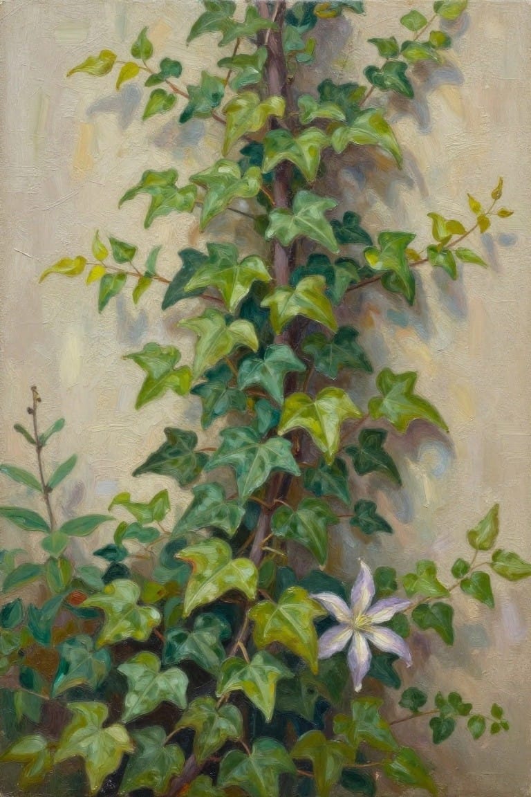 Green ivy leaves climbing a stem with a white-purple clematis flower below
