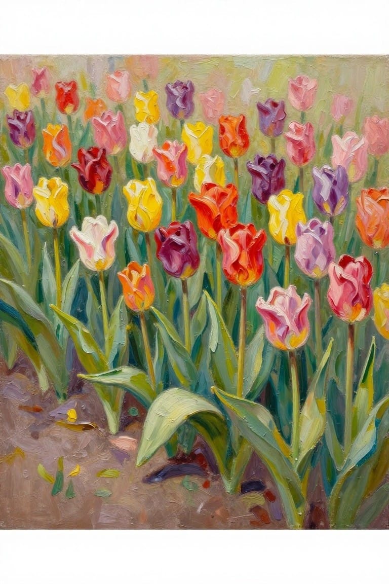 Vibrant multicolored tulips blooming in an impressionistic oil painting with green leaves.