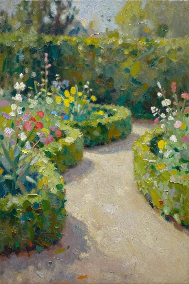 Winding sunlit path through vibrant flower beds and lush green bushes in oil painting