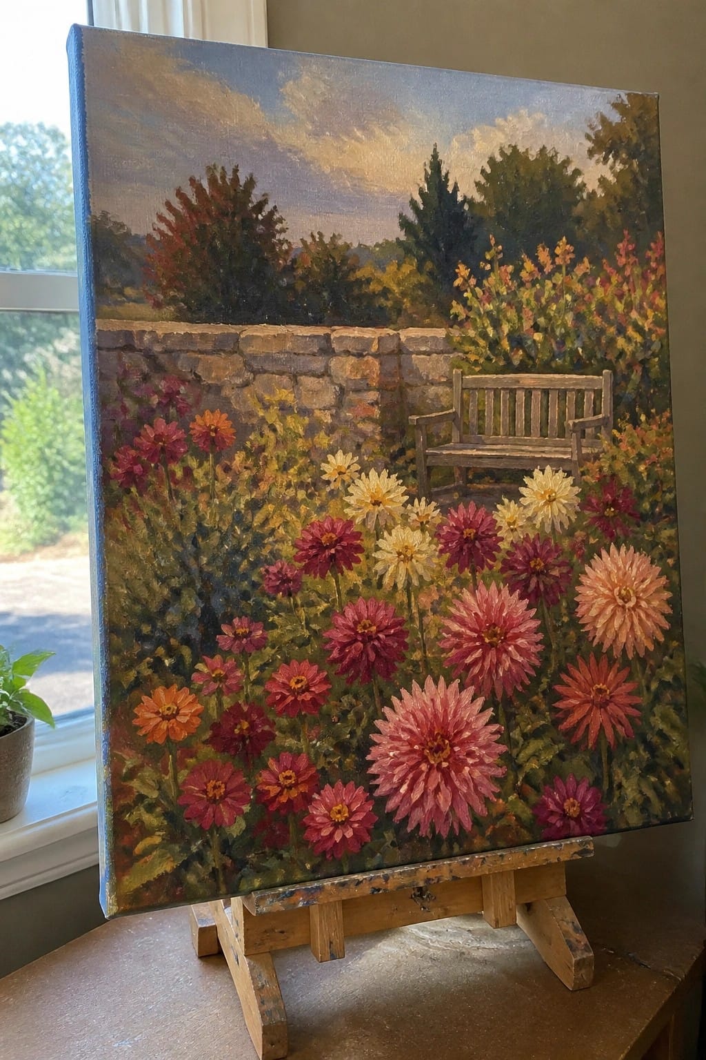 Colorful oil painting of vibrant dahlias, stone wall and bench on wooden easel by window