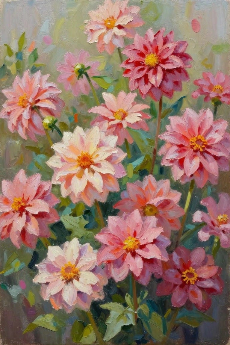 Vibrant pink and white dahlias with yellow centers in lush green foliage