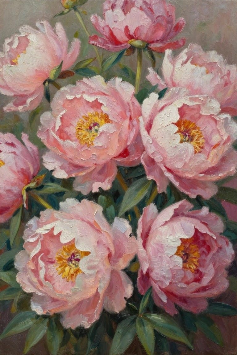 Oil painting showing a cluster of pink peonies with yellow centers and visible water droplets on green stems and leaves.