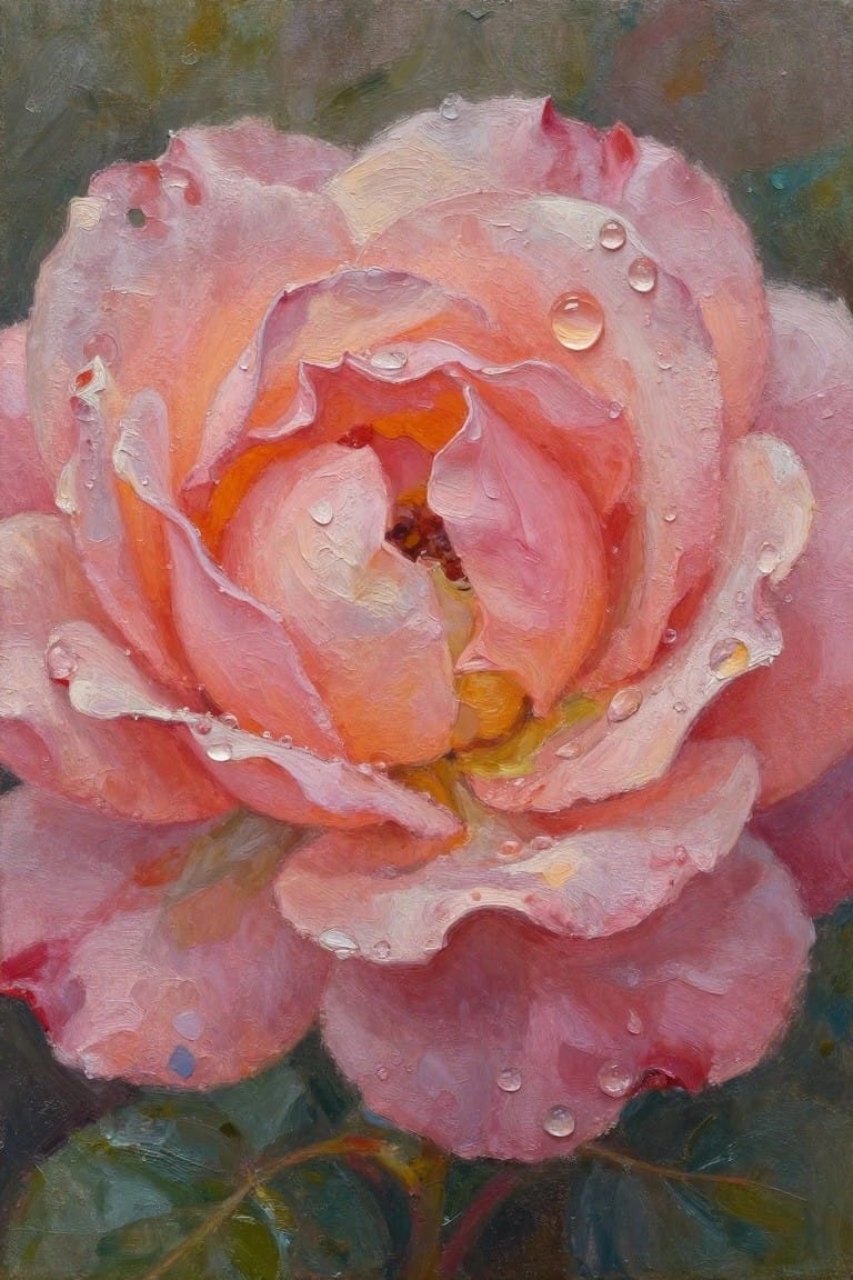 A close-up oil painting of a pink rose covered in clear water droplets against a dark background.