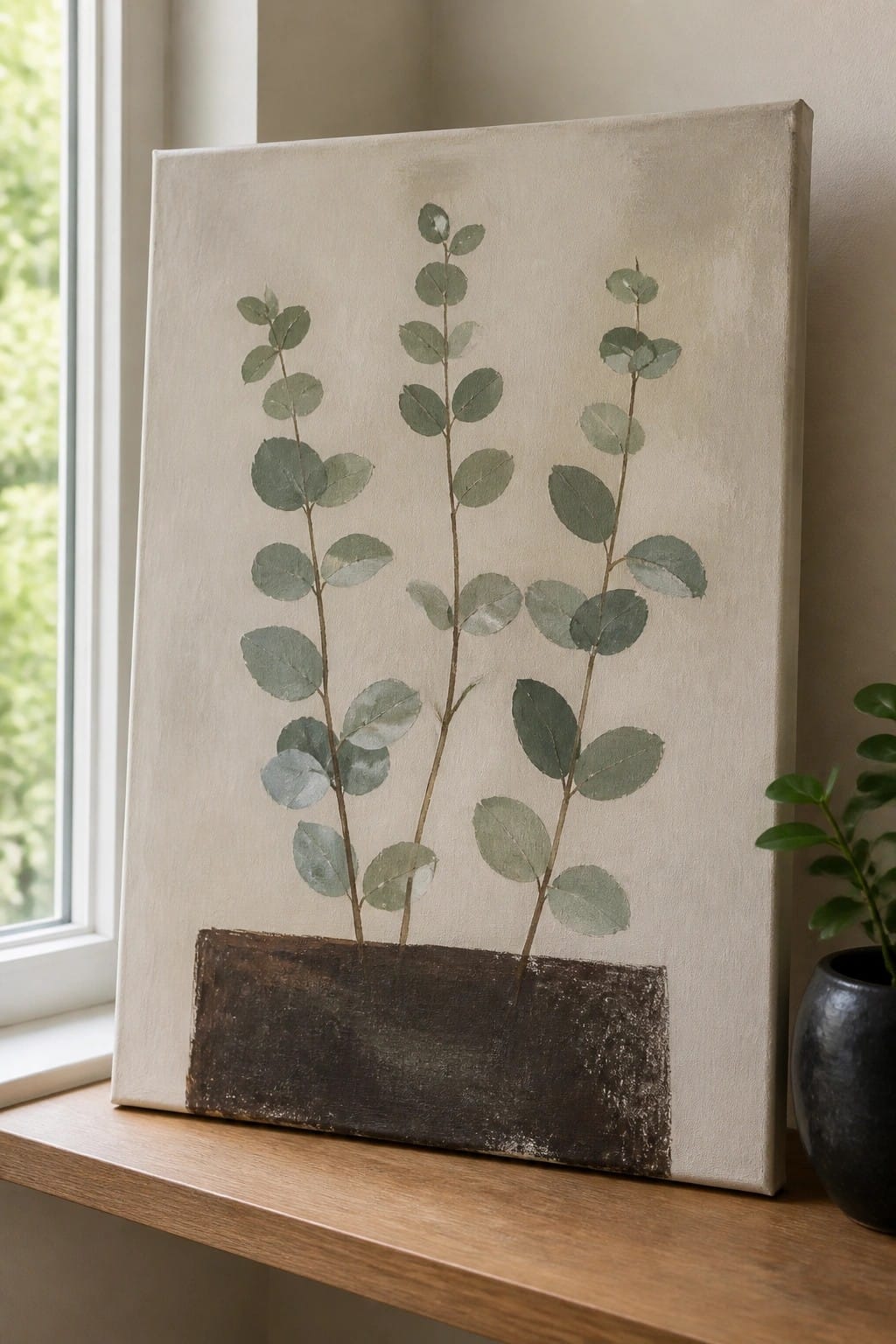 Painting of green leafy branches on beige canvas with dark brown base on wood ledge