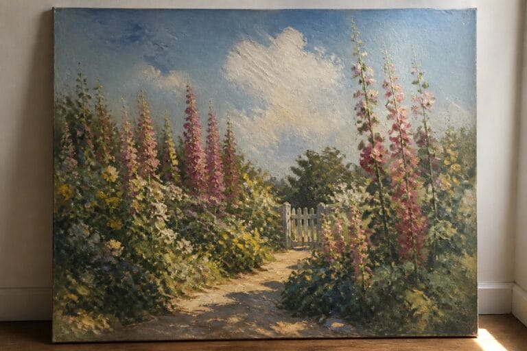 25 Inspiring Garden Oil Painting Ideas for Large Canvas Artwork Colorful hollyhocks line a path to a white gate and cottage under blue skies.