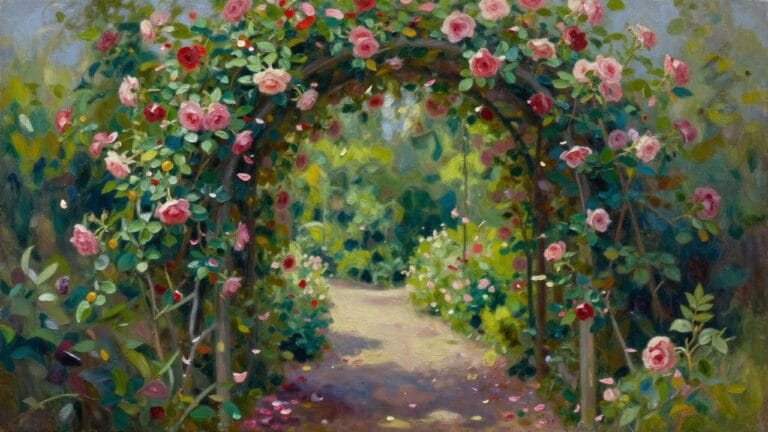 25 Inspiring Garden Oil Painting Ideas for Large Canvas Artwork Colorful rose-covered arches framing a petal-strewn path in a lush garden