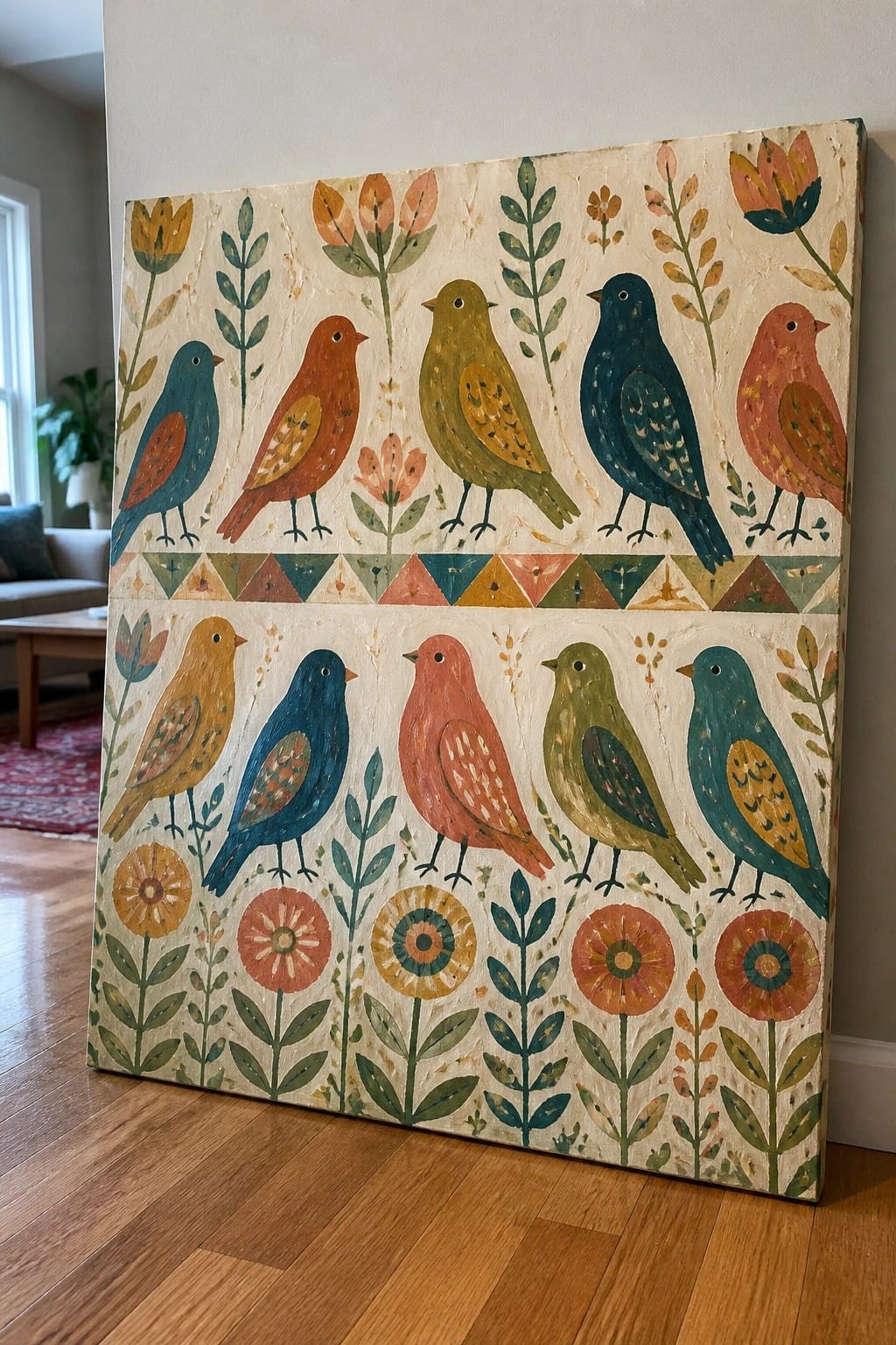 Colorful folk art painting of stylized birds amid flowers with geometric border.