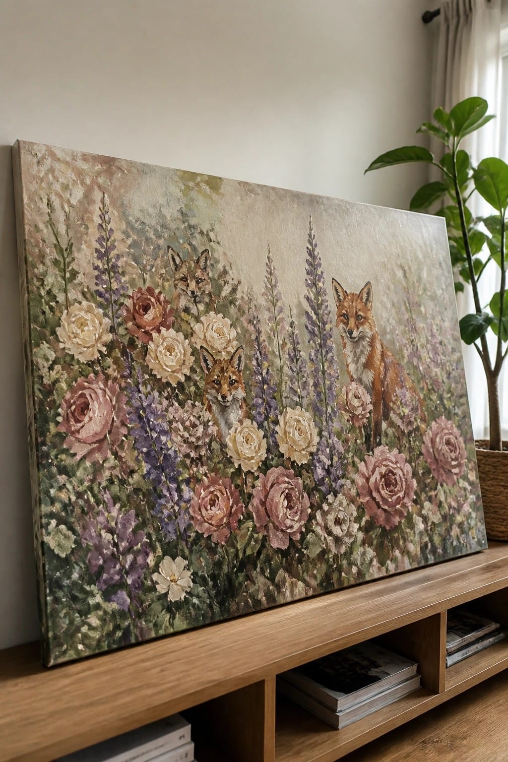 Canvas painting of three foxes amid pink roses and purple wildflowers on console