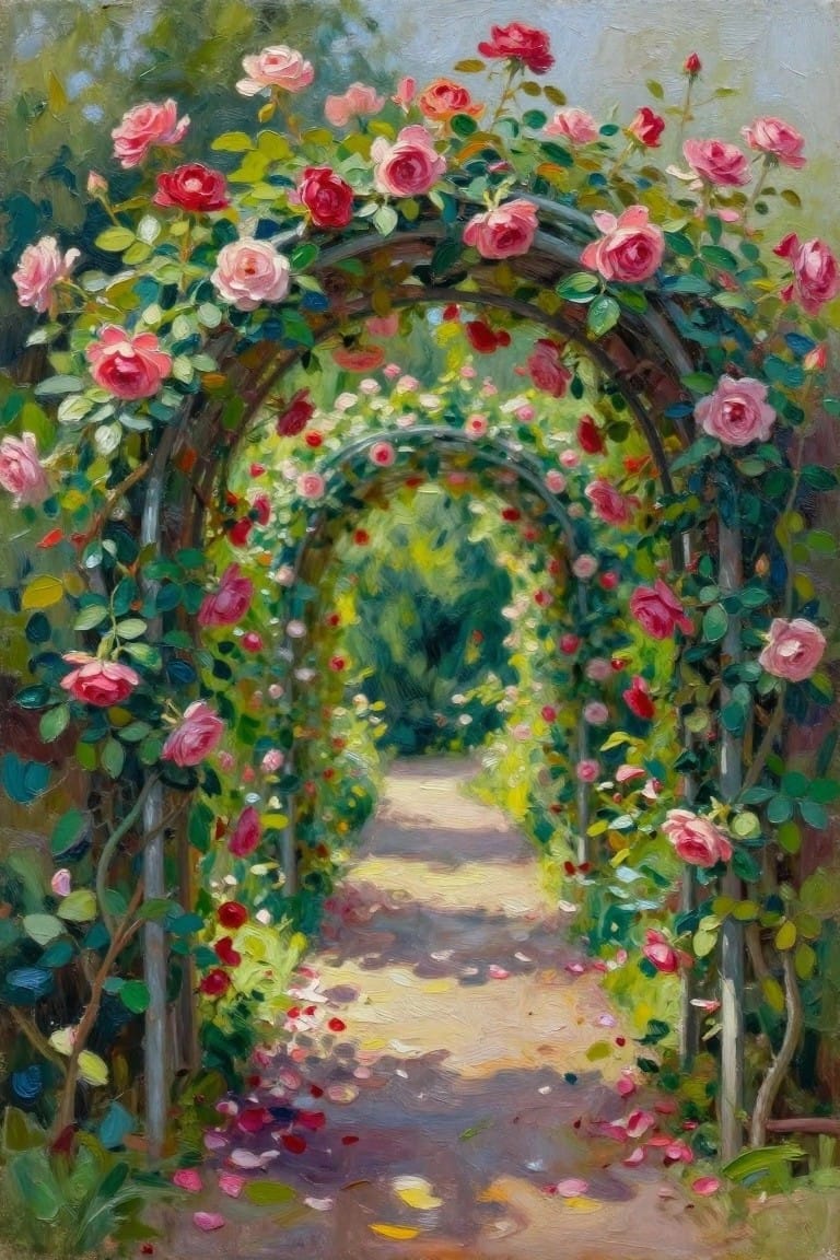Colorful rose-covered arches framing a petal-strewn path in a lush garden