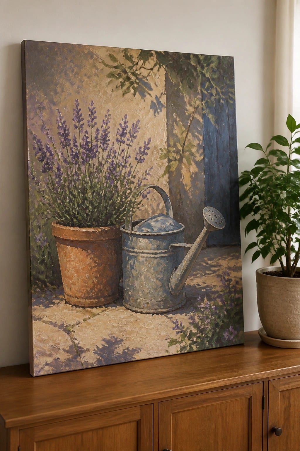 Painting of lavender in terracotta pot beside blue watering can on wooden cabinet