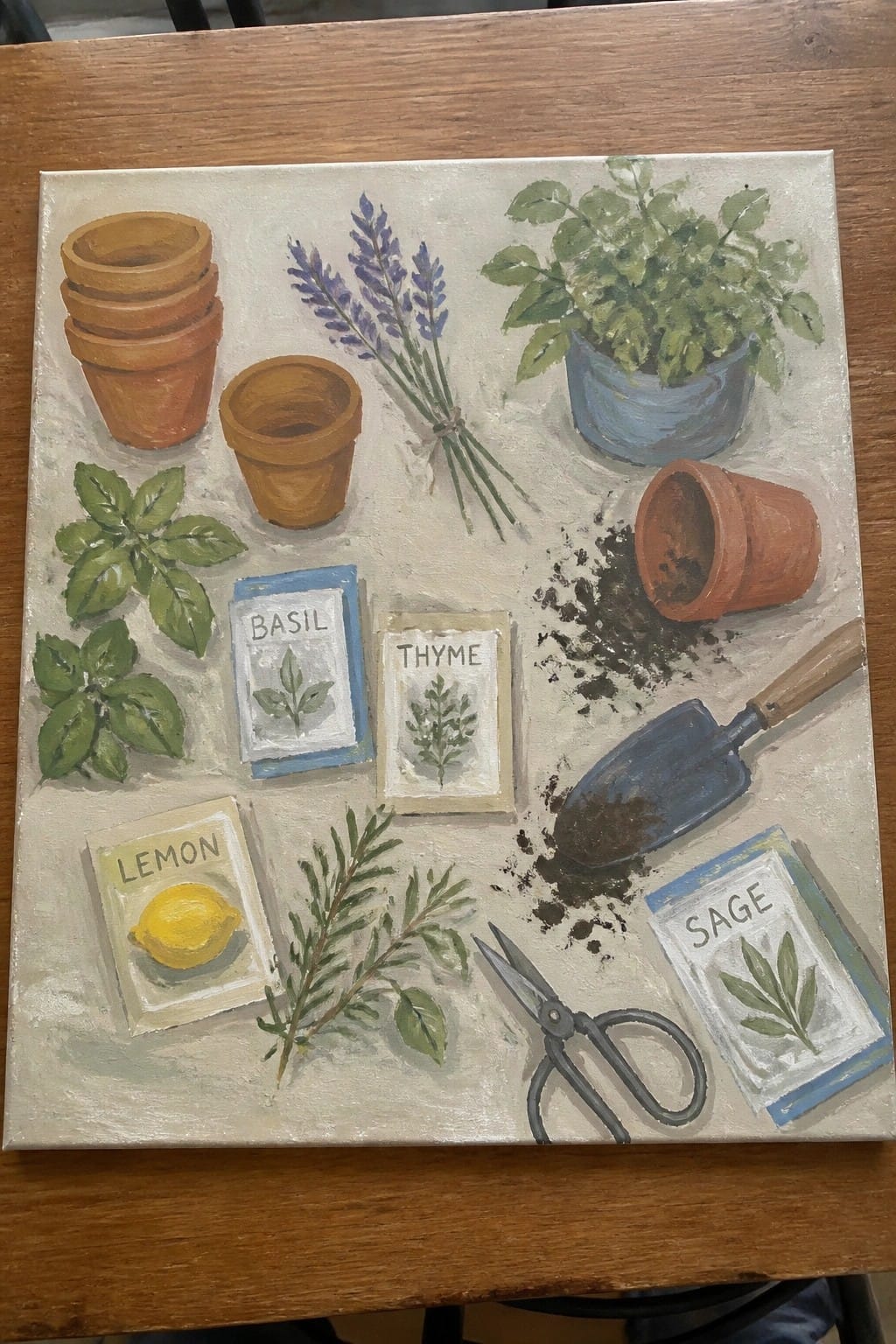 Still life painting of terracotta pots, herb seed packets, lavender, trowel, and scissors.