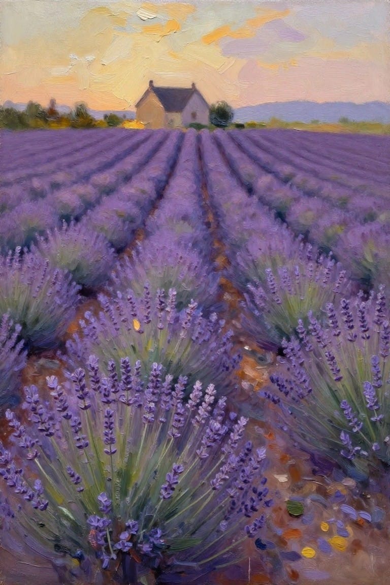 Rows of purple lavender leading to a house under a colorful sunset sky in oil painting