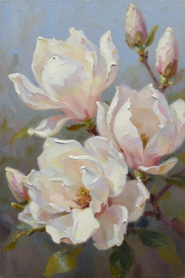 Thickly textured oil painting of white and pink magnolia flowers with buds