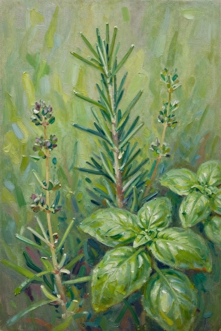 Oil painting of rosemary, basil, and thyme herbs with green brushstrokes