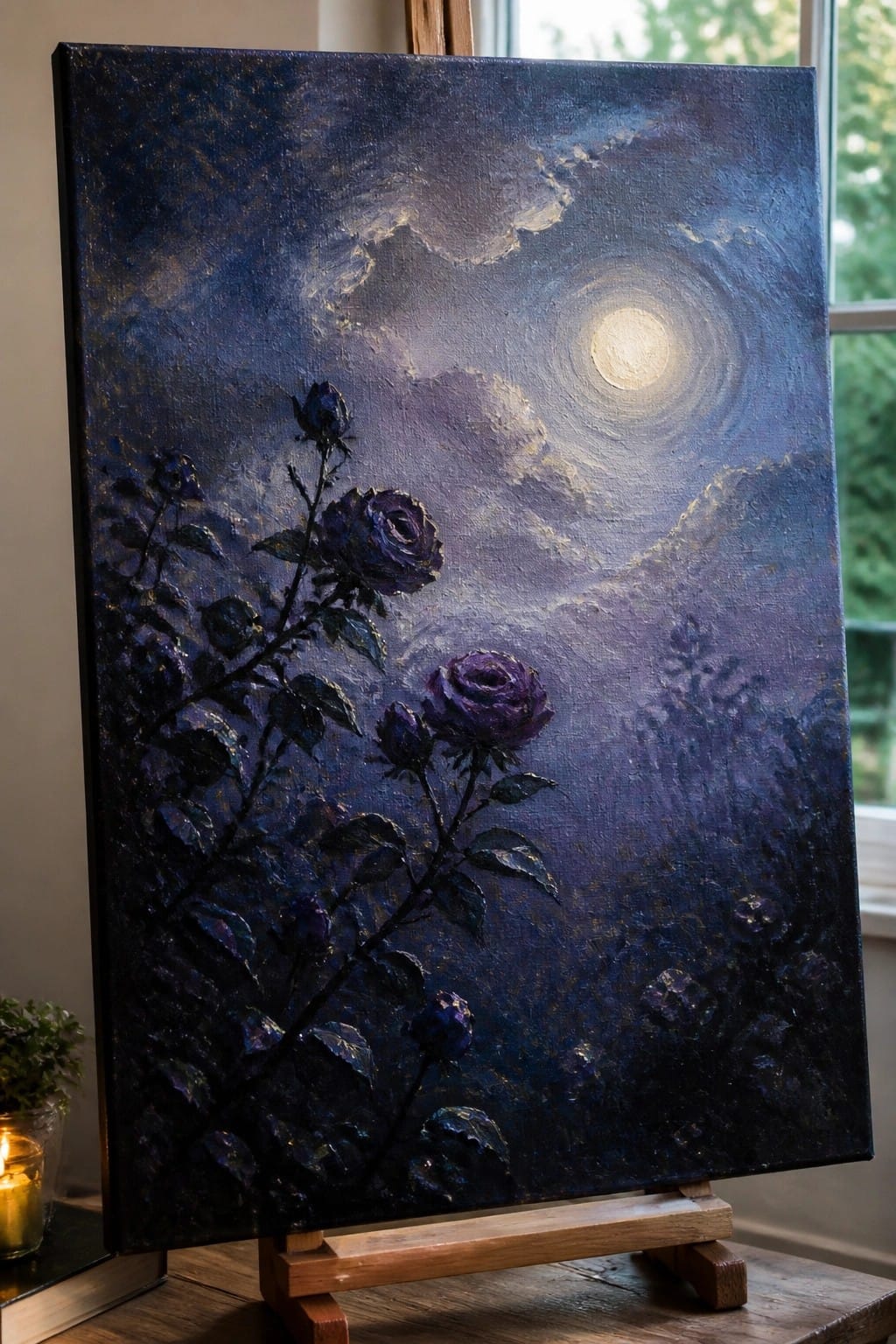 Oil painting of purple roses under glowing moon in swirling night sky on easel.