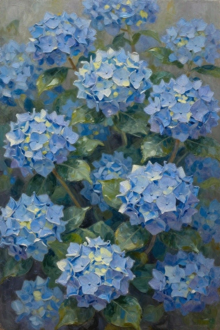 Vibrant blue hydrangea clusters with green leaves in an oil painting.