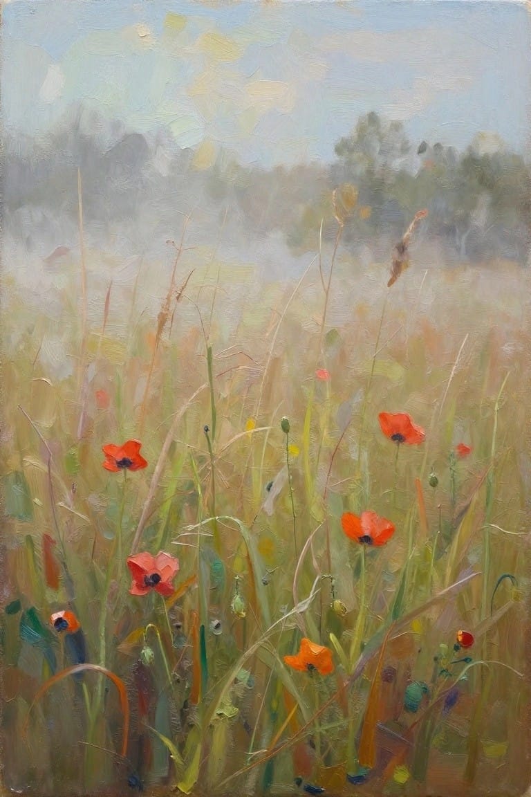 An oil painting of red poppies scattered through tall grass in a misty field with a pale sky and distant trees.